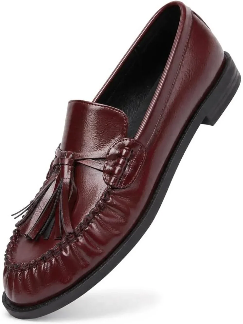 Women's Burgundy Faux Leather Comfortable Tassel Slip On Flats Closed Toe Shoes
